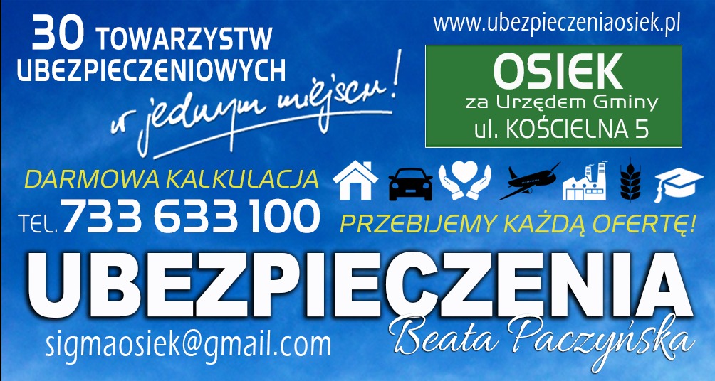 Reklama firmy ubezpieczeniowej z Osieka, oferującej darmową kalkulację i obiecującej przebicie każdej oferty, z ikonami domu, samochodu, serca, samolotu, fabryki, kłosa zboża i dyplomu.