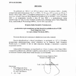 Skan decyzji Krajowej Rady Doradców Podatkowych z 24 kwietnia 2003 roku dotyczącej przekształcenia wpisu warunkowego na listę doradców podatkowych Pani Małgorzaty Kuli.