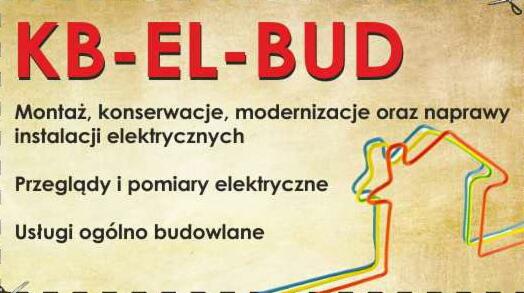 Folder reklamowy firmy KB-EL-BUD oferującej montaż, konserwacje, modernizacje i naprawy instalacji elektrycznych, przeglądy i pomiary elektryczne oraz usługi ogólnobudowlane. Grafika przedstawia...