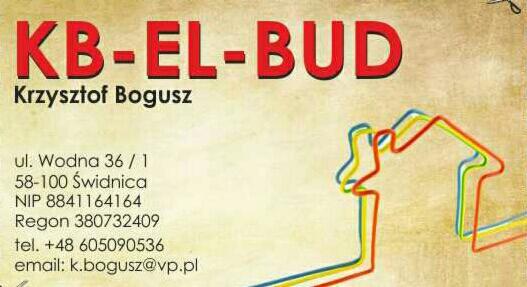Wizytówka firmy KB-EL-BUD Krzysztof Bogusz z adresem, numerem telefonu i adresem email, obok nazwy firmy grafika stylizowanego domu z linii w kolorach niebieskim, żółtym i czerwonym.