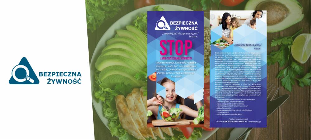 Projekt ulotki reklamowej z motywem zdrowego odżywiania i bezpieczeństwa żywności, z widocznymi elementami graficznymi i tekstem oraz zdjęciami jedzenia i rodziny.