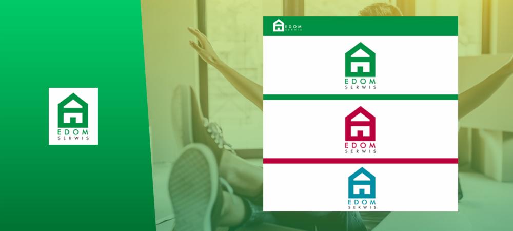 Prezentacja logo firmy EDOM SERWIS z motywem domu w kolorach zielonym, czerwonym i niebieskim, z osobą w tle.