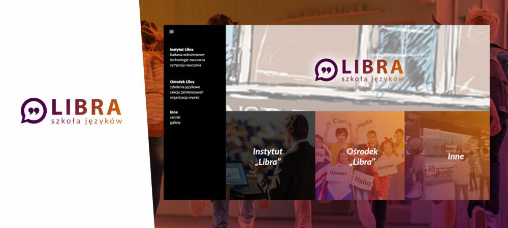 Projekt strony internetowej szkoły językowej Libra z rozwijanym menu i sekcjami Instytut, Ośrodek i Inne, prezentujący ofertę edukacyjną i wizualizacje uczniów uczących się różnych języków.