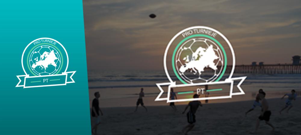 Projekt logo dla turniejów sportowych z motywem piłki nożnej i kontynentu europejskiego na tle plaży z grającymi osobami.