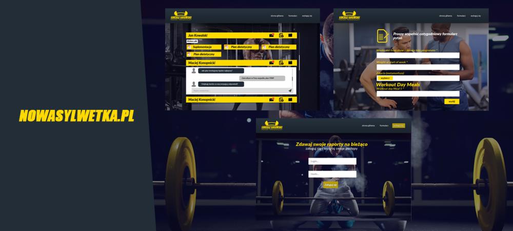 Prezentacja responsywnej strony internetowej z formularzami i planami dietetycznymi, na ciemnym tle z elementami siłowni i adresem strony 'nowasylwetka.pl'.