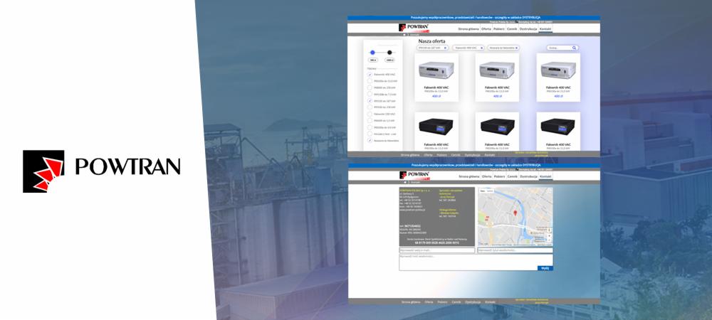 Prezentacja strony internetowej firmy Powtran z ofertą falowników 400 VAC, widok strony głównej z mapą dojazdu oraz logo firmy na tle zakładu przemysłowego.