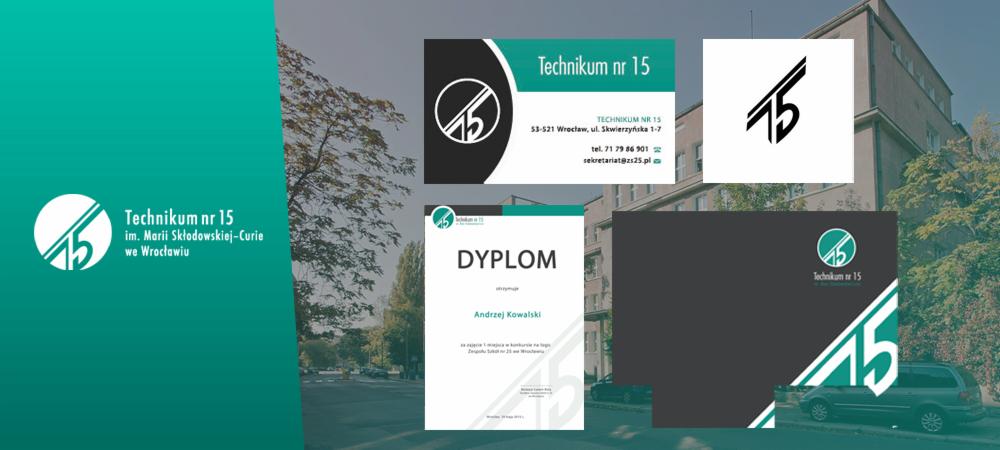 Kompozycja graficzna prezentująca elementy identyfikacji wizualnej Technikum nr 15 we Wrocławiu: logo w różnych wariantach, wizytówka, dyplom z imieniem Andrzej Kowalski, na tle budynku szkoły...