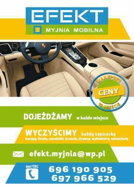 Reklama myjni mobilnej Efekt z wnętrzem luksusowego samochodu z beżową tapicerką skórzaną i hasłem 'Najlepsze ceny w mieście'.