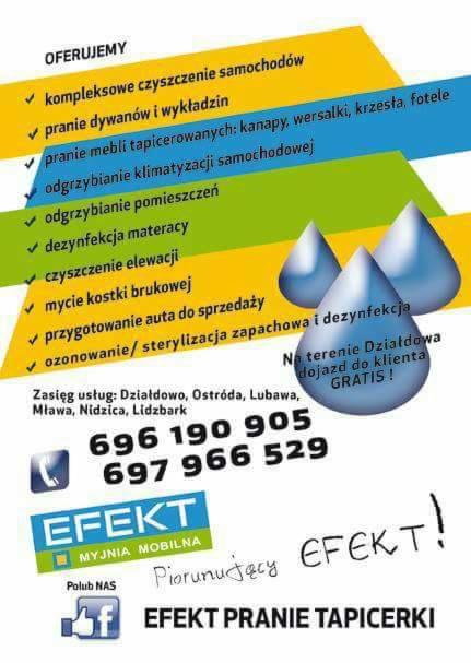 Ulotka reklamowa firmy oferującej kompleksowe czyszczenie, w tym dywanów, mebli tapicerowanych i materacy, z darmowym dojazdem do klienta na terenie Działdowa; widoczne logo firmy 'EFEKT' i numery...