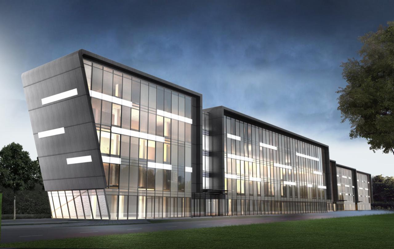 Wizualizacja nowoczesnego budynku biurowego z elewacją z ciemnego betonu i szkła, z poziomymi, białymi akcentami, otoczonego zielenią i podświetlonego wieczornym światłem.