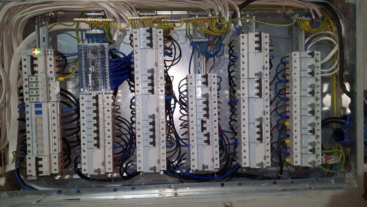 Rozdzielnica elektryczna z zainstalowanymi bezpiecznikami i okablowaniem, widoczne elementy marki Legrand.