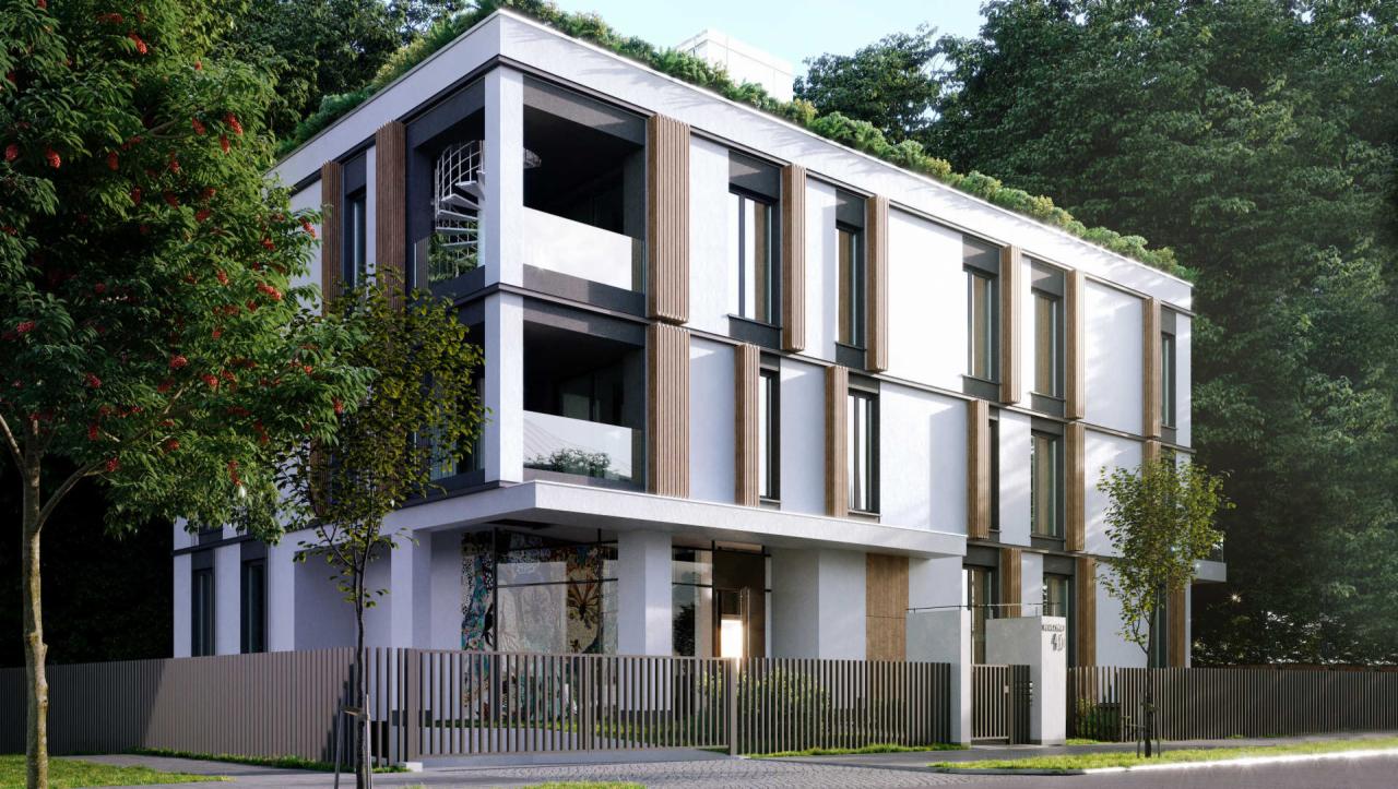 Wizualizacja nowoczesnego, trzypiętrowego apartamentowca z zielonym dachem, drewnianymi akcentami i spiralnymi schodami na zewnątrz, otoczonego drzewami i ogrodzeniem.