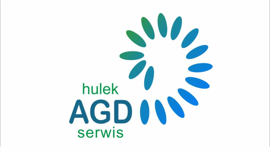 Logo firmy 'hulek AGD serwis' z graficznym motywem okręgu z zielono-niebieskich elementów na białym tle.