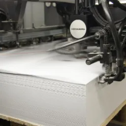 Stos arkuszy papieru w maszynie drukarskiej Heidelberg podczas procesu drukowania.