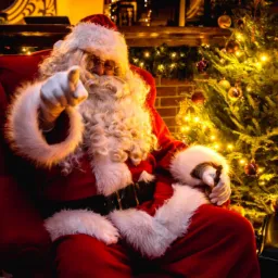 Santa Claus siedzi w czerwonym fotelu, wskazując palcem w stronę widza, obok oświetlona choinka i torby z prezentami