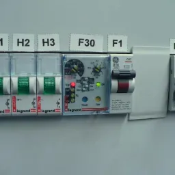 Szczegółowe ujęcie tablicy rozdzielczej z bezpiecznikami Legrand i modułem sterującym z diodami LED, etykietami H1-H3, F30, F1, F2, FL1, wskazującymi na obwody elektryczne.