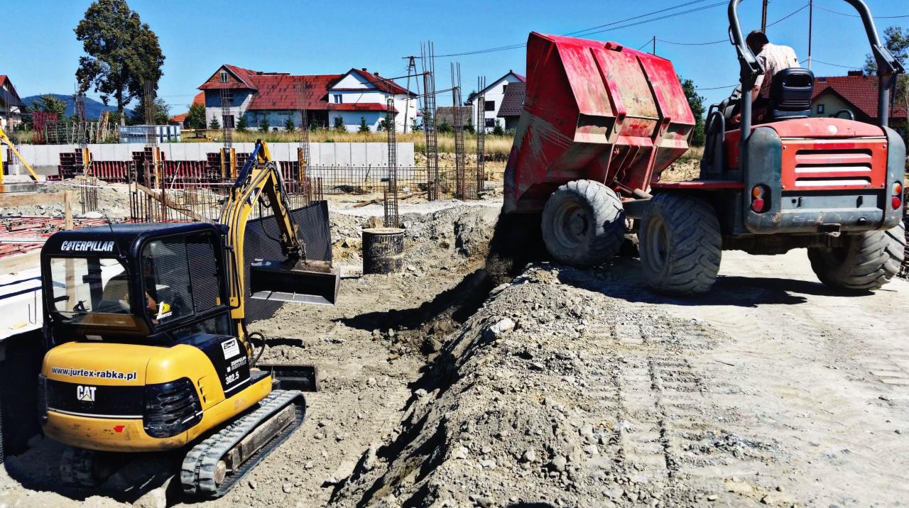 Żółta minikoparka Caterpillar i wywrotka transportują ziemię podczas prac przygotowawczych pod budowę fundamentów w słoneczny dzień.
