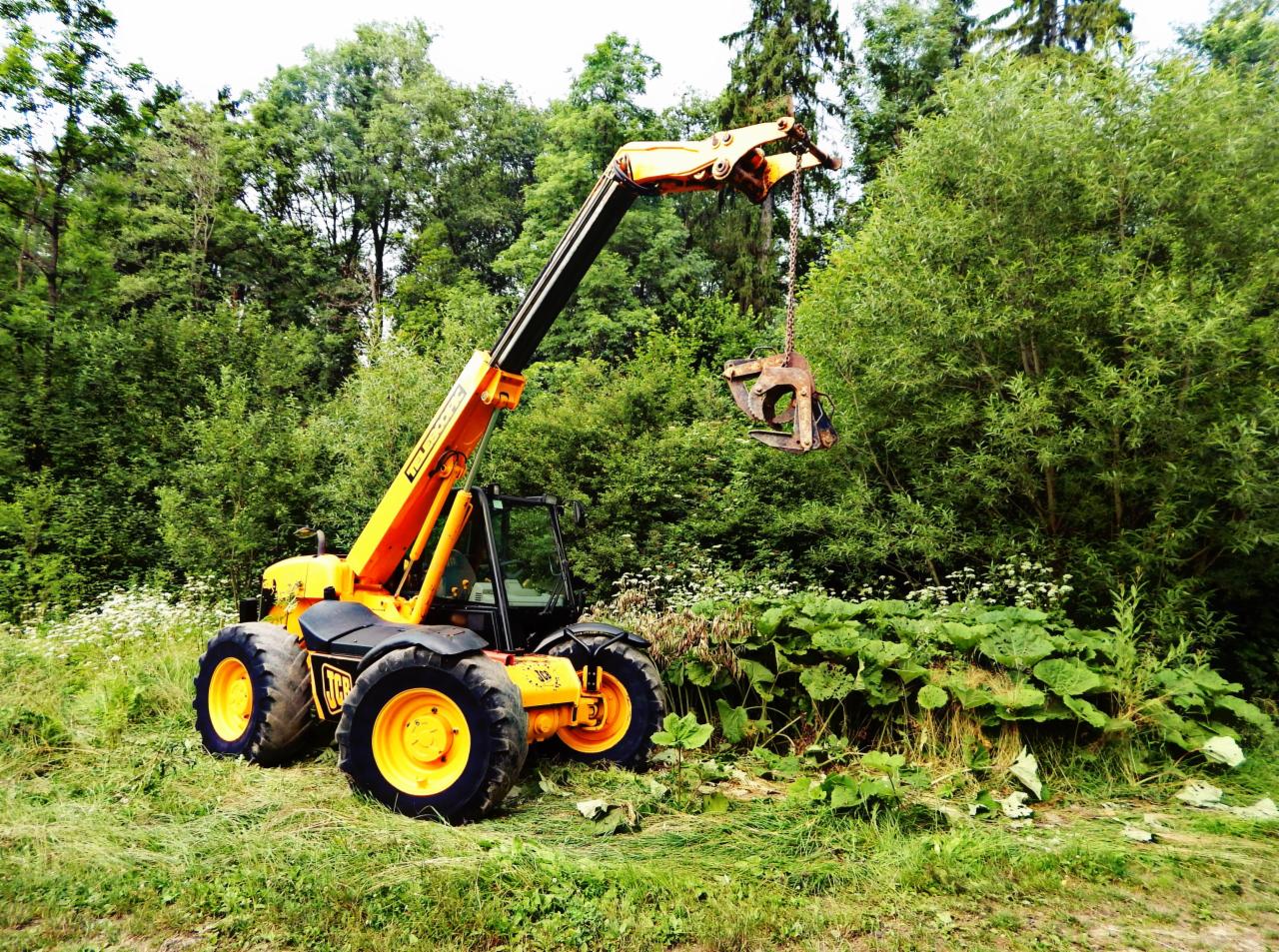 Pomarańczowo-czarna ładowarka teleskopowa JCB z zamontowanym chwytakiem do pni drzew, stojąca na trawiastym terenie z bujną roślinnością w tle.