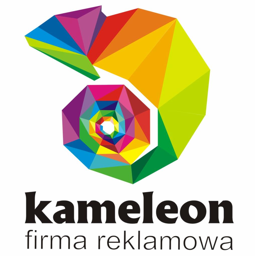 Geometryczny kameleon w spektrum kolorów, logo firmy 'kameleon firma reklamowa' w czerni na białym tle.