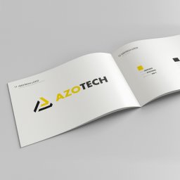 STUDIO A - Otwarta broszura prezentująca wersje kolorystyczne logo firmy Azotech, z paletą kolorów RGB, CMYK i Pantone.