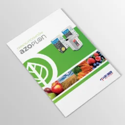 Katalog produktowy Azoplon z grafiką warzyw, owoców i opakowań na białym tle.