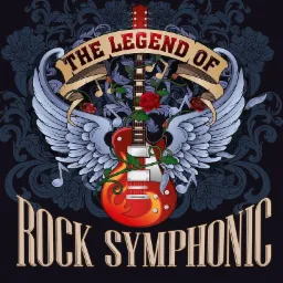 Ilustracja przedstawia gitarę elektryczną z płomieniami, skrzydłami i różami, umieszczoną na tle z ornamentami kwiatowymi i napisem 'THE LEGEND OF ROCK SYMPHONIC'.