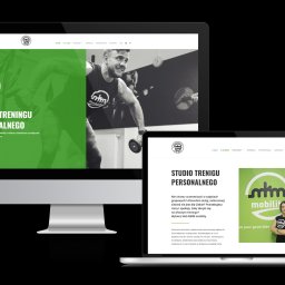 STUDIO A - Monitory iMac i MacBook Air prezentują stronę internetową studia treningu personalnego MKM Mobility, z logo i informacjami o ofercie, w tym o treningach z trenerami personalnymi.