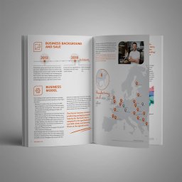 STUDIO A - Otwarta broszura firmowa prezentująca oś czasu firmy, model biznesowy, mapę lokalizacji biur i zakładów produkcyjnych w Europie, a także uśmiechniętego pracownika w kawiarni.