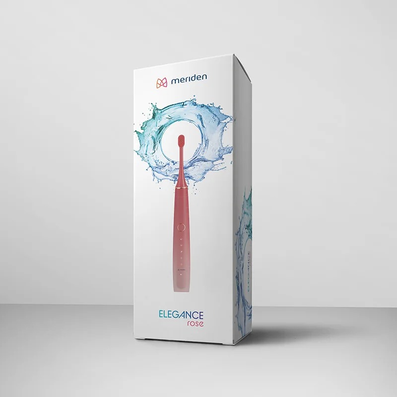 Opakowanie szczoteczki sonicznej Meriden Elegance Rose z wizualizacją produktu i efektem rozprysku wody na białym tle.