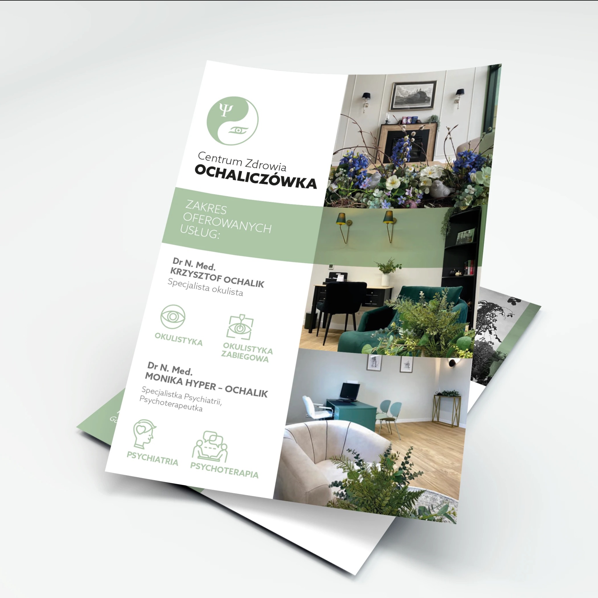 Ulotka reklamowa Centrum Zdrowia Ochaliczówka prezentująca zakres oferowanych usług okulistycznych i psychiatrycznych, z ilustracjami wnętrz gabinetów.