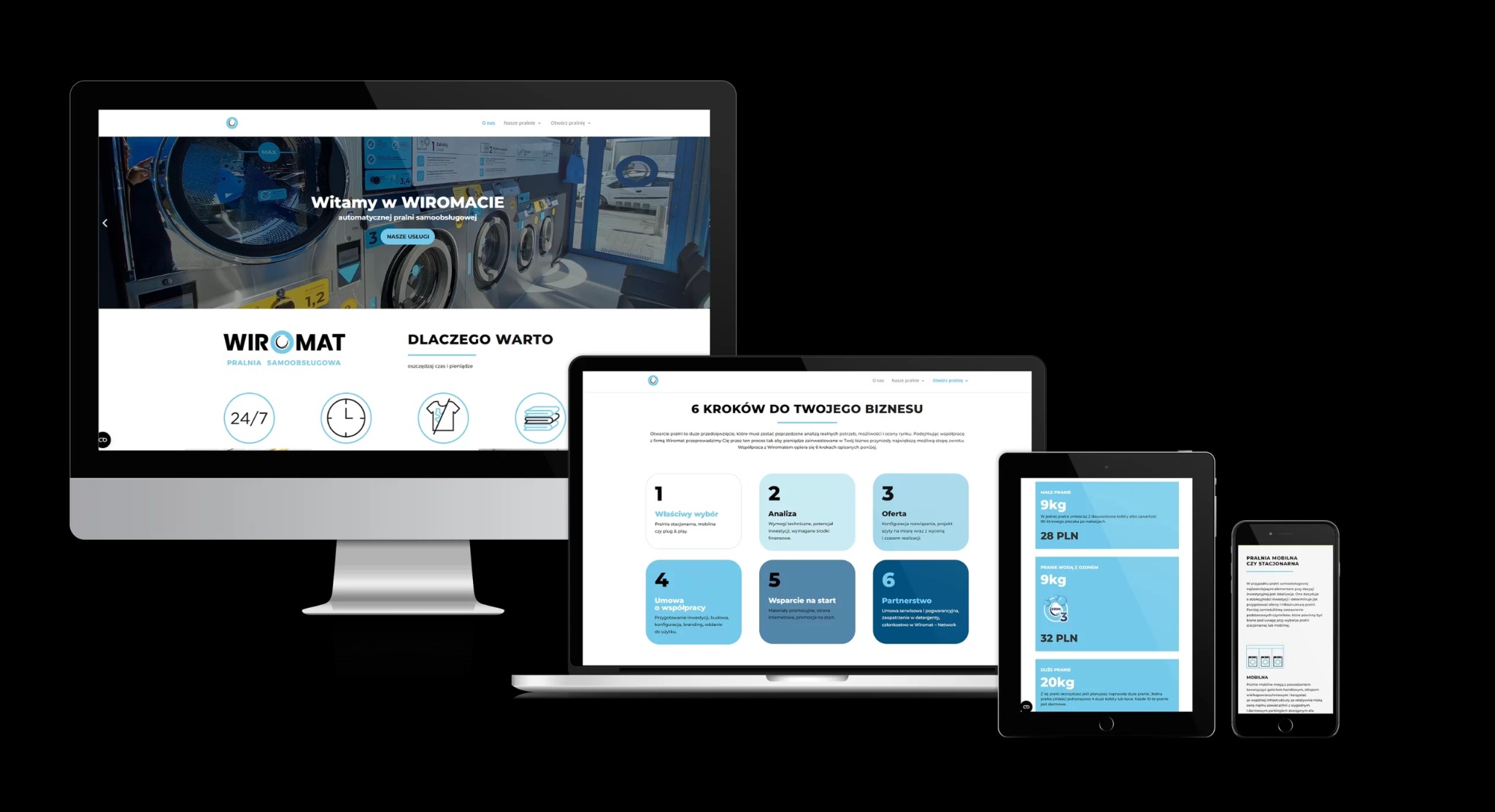 Responsywny projekt strony internetowej pralni samoobsługowej Wiromat, wyświetlany na monitorze, laptopie, tablecie i smartfonie, prezentujący ofertę i kroki do otwarcia biznesu.
