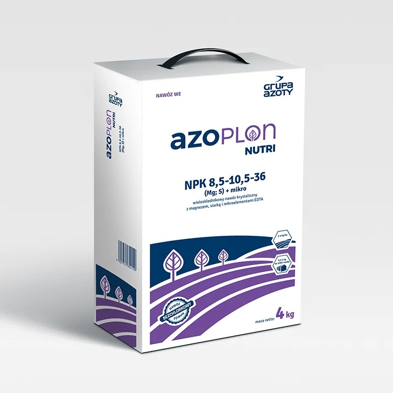 Pudełko nawozu wieloskładnikowego Azoplon Nutri NPK 8,5-10,5-36 z grafiką stylizowanych drzew i fioletowymi pasami, widoczne logo Grupy Azoty, przeznaczone do nawożenia roślin.