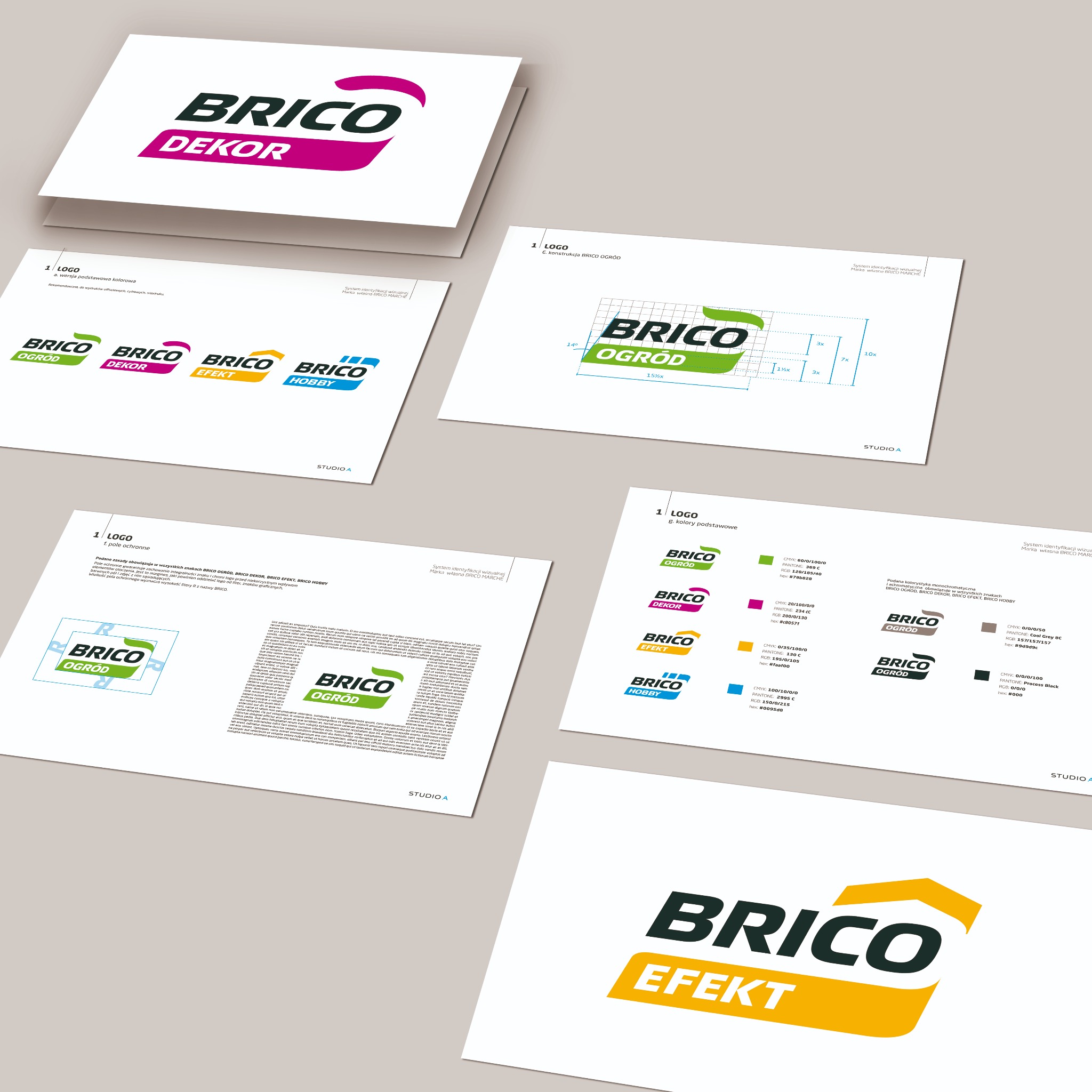 Zestawienie wariantów logo firmy Brico, prezentujące wersje kolorystyczne i monochromatyczne, konstrukcję z siatką pomocniczą oraz pole ochronne wokół znaku firmowego. Widoczne logotypy w wersjach:...