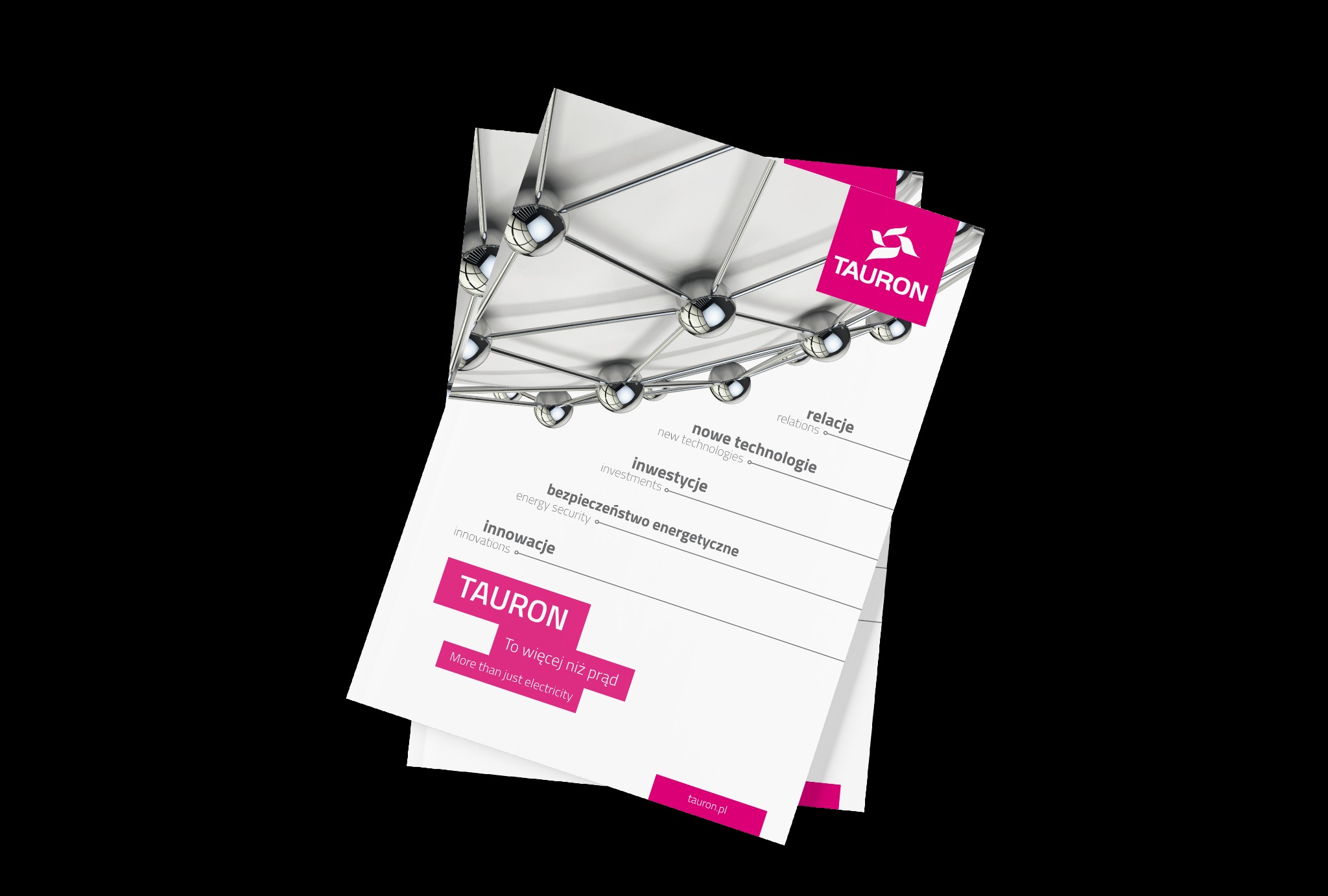 Dwa identyczne foldery reklamowe firmy Tauron, z grafiką przedstawiającą sieć połączeń i hasłami o innowacjach i nowych technologiach, ułożone jeden na drugim pod kątem.