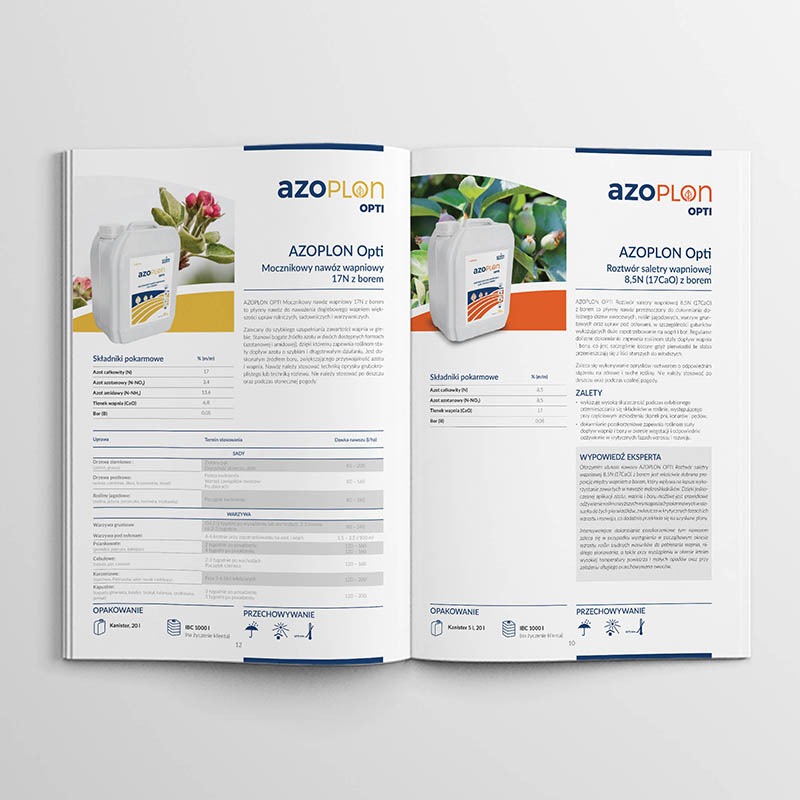 Otwarta broszura reklamowa na białym tle prezentująca nawozy wapniowe Azoplon Opti, z detalami składu, zalet i instrukcji przechowywania.