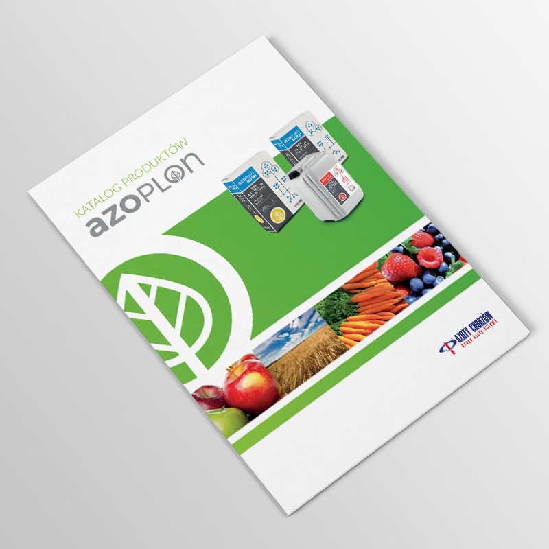 Katalog produktowy Azoplon z grafiką warzyw, owoców i opakowań na białym tle.