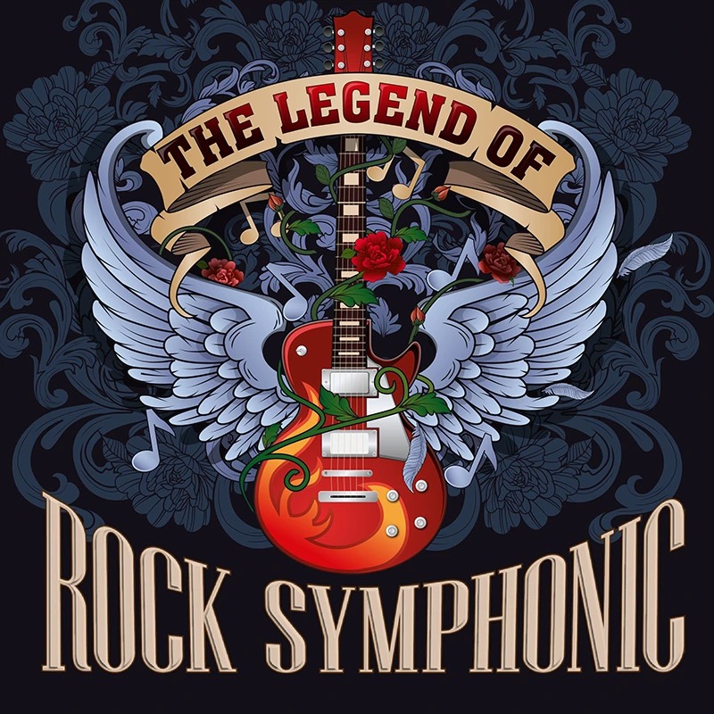 Ilustracja przedstawia gitarę elektryczną z płomieniami, skrzydłami i różami, umieszczoną na tle z ornamentami kwiatowymi i napisem 'THE LEGEND OF ROCK SYMPHONIC'.