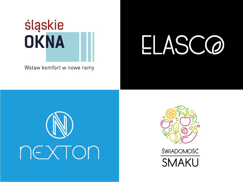 Kompozycja czterech minimalistycznych logotypów: okna, nazwa firmy z liściem, litera N w okręgu oraz kompozycja owocowo-warzywna z napisem.