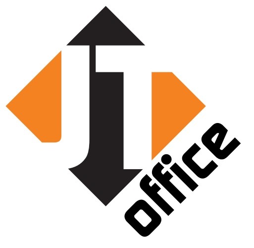 Logo firmy JT Office z czarnymi literami JT w pomarańczowym rombie i dopiskiem 'office' ukośnie z prawej strony.