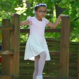 Dziewczynka w okularach i białej sukience pozuje opierając się o drewnianą konstrukcję placu zabaw na tle zieleni.