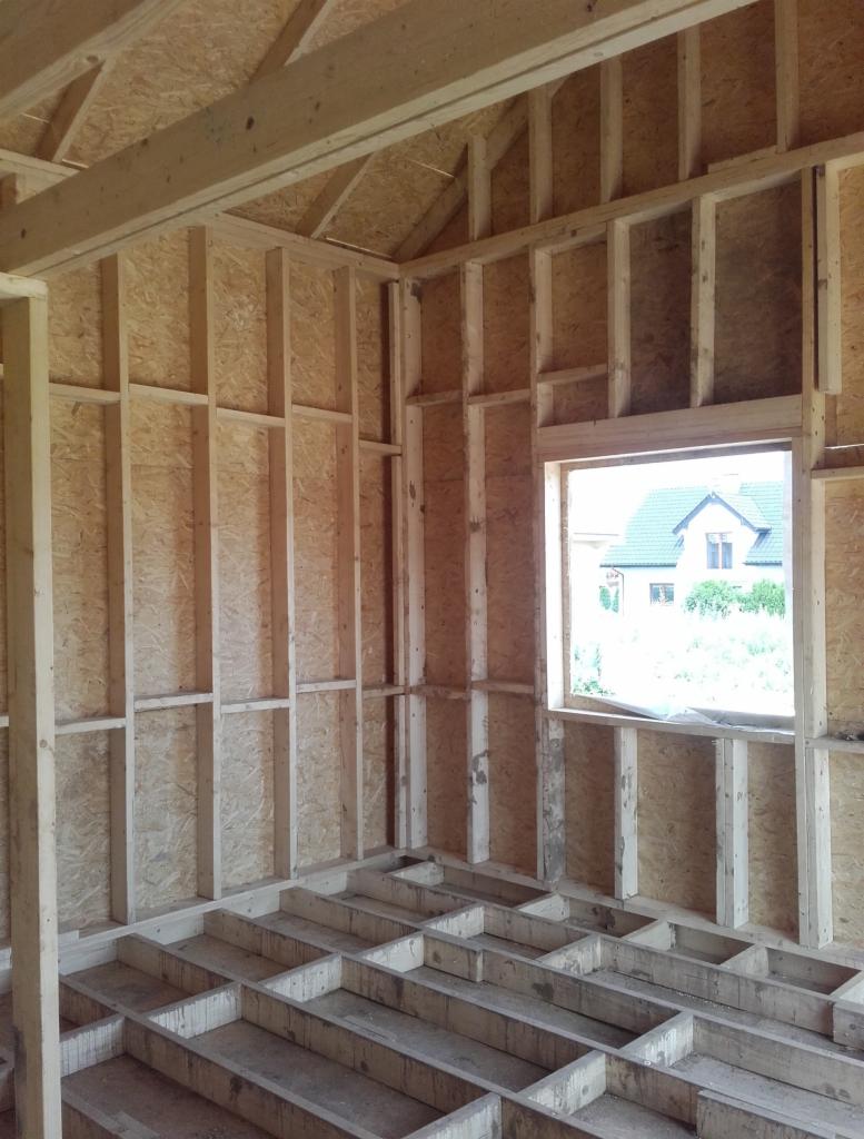 Wnętrze w trakcie budowy domu szkieletowego: widoczne drewniane ramy ścian, sufitu i podłogi, płyty OSB na ścianach, okno z widokiem na zielony ogród i dom sąsiada.