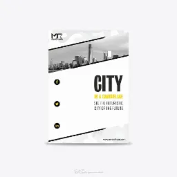 Grafika reklamowa z czarno-białym zdjęciem panoramy miasta na górze, stylizowana na plakat z hasłem 'CITY IN A CAMOUFLAGE SEE THE FUTURISTIC CITY OF THE FUTURE', z ikonami mediów społecznościowych...