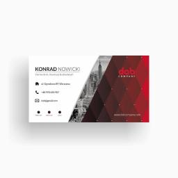 Mastio - Studio Graficzne - Dwustronna wizytówka z danymi kontaktowymi Konrada Nowickiego, kierownika ds. inwestycji budowlanych, z logo firmy 'dab company' i subtelnym tłem z panoramą miasta.
