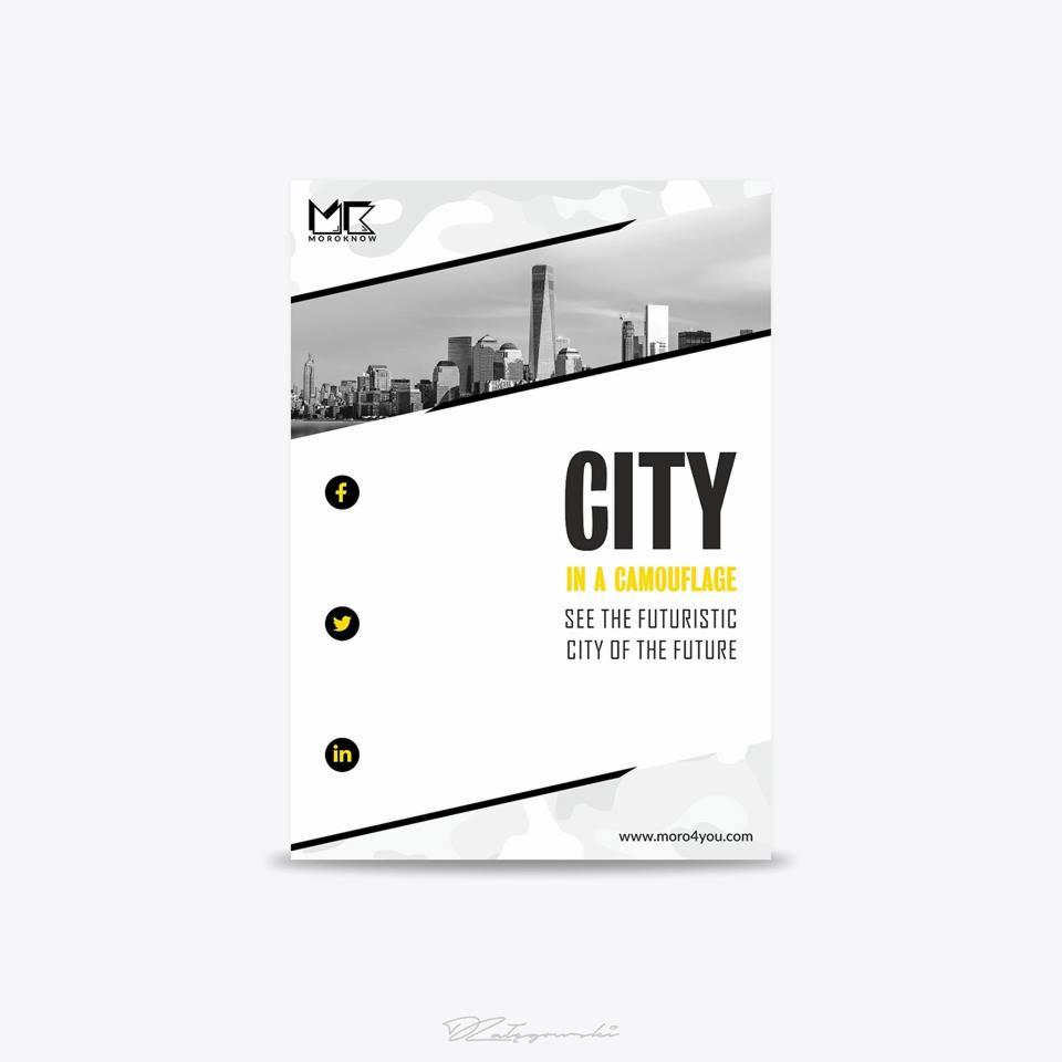 Grafika reklamowa z czarno-białym zdjęciem panoramy miasta na górze, stylizowana na plakat z hasłem 'CITY IN A CAMOUFLAGE SEE THE FUTURISTIC CITY OF THE FUTURE', z ikonami mediów społecznościowych...