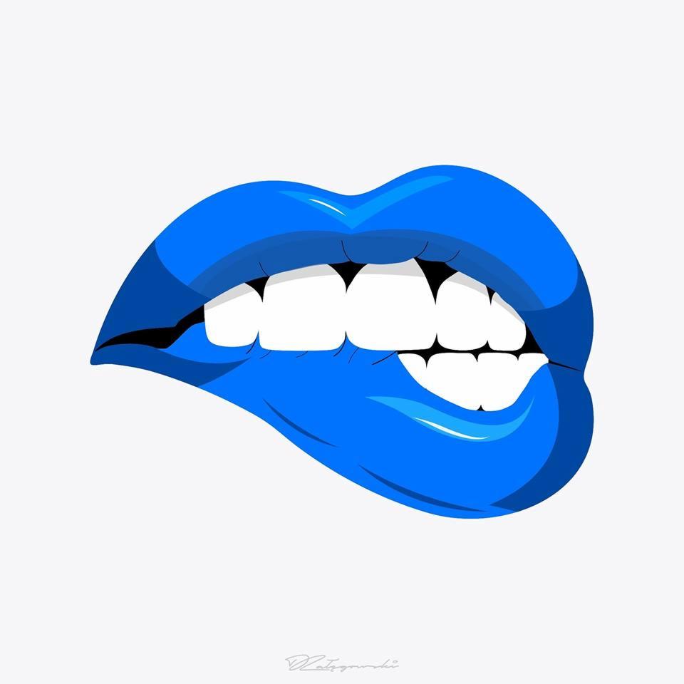 Grafika wektorowa przedstawiająca niebieskie usta, przygryzające dolną wargę, na białym tle.