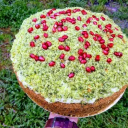 Okrągły tort z zieloną posypką i owocami granatu na wierzchu, trzymany na tle trawy.