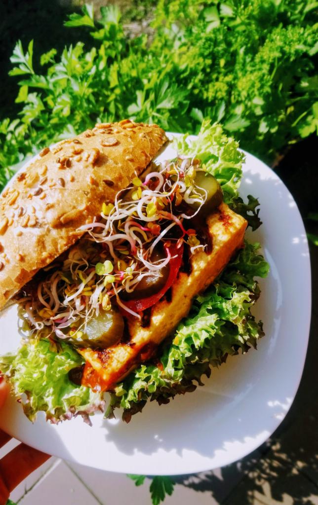 Kanapka z tofu, warzywami i kiełkami na talerzu, w tle zielona roślinność, oświetlona naturalnym światłem słonecznym.