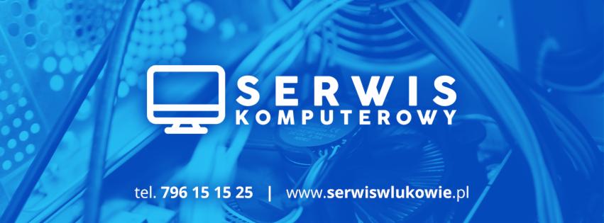 Niebieskie tło z elementami wnętrza komputera, logo serwisu komputerowego z ikoną monitora, napisem 'SERWIS KOMPUTEROWY', numerem telefonu i adresem strony internetowej.