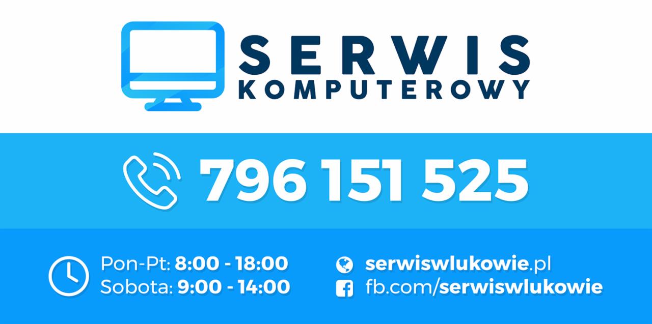 Logo serwisu komputerowego z niebieskim motywem, przedstawiające stylizowany ekran komputera, numer telefonu 796 151 525, godziny otwarcia i adresy stron internetowych.