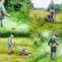 Cztery ujęcia mężczyzny w kraciastej koszuli koszącego trawę w wysokiej, zielonej trawie, używając podkaszarki spalinowej i kosiarki spalinowej, widoczne chmury pyłu i ściętej trawy.